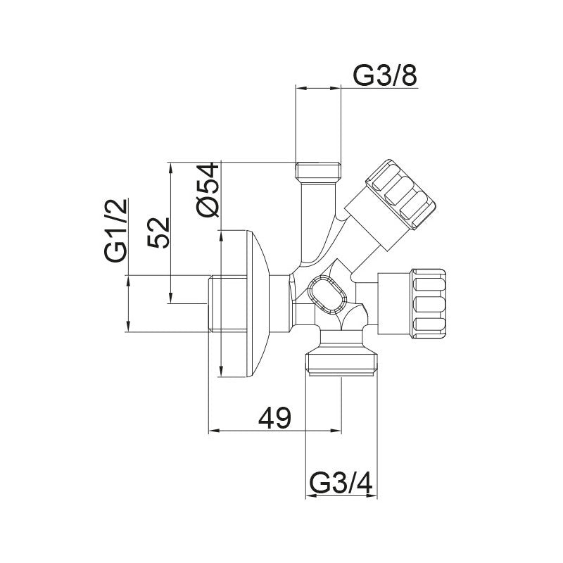 Mofém kombinált sarokszelep 1/2"-3/4"-3/8" 15.025.28.00 - méretrajz