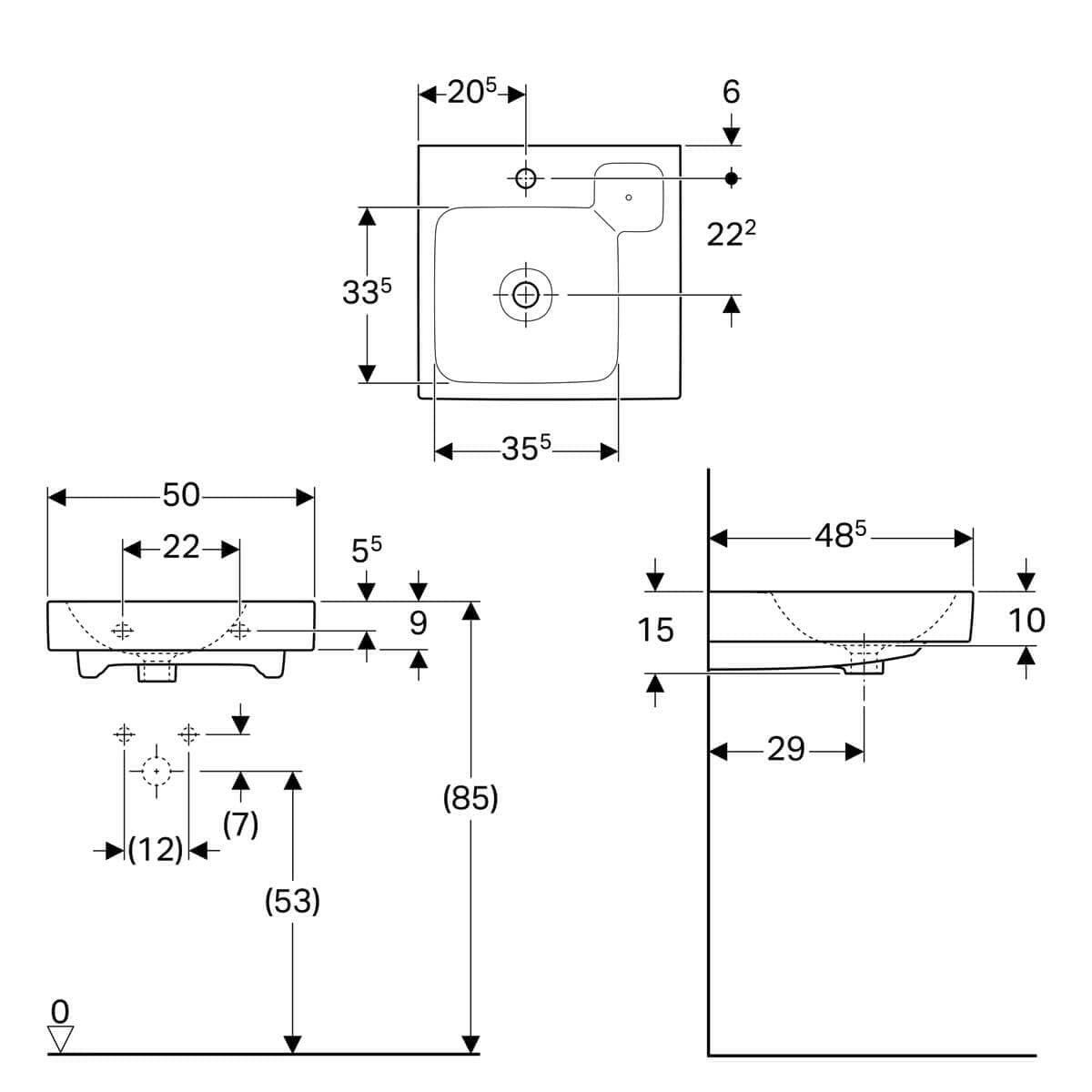 Geberit iCon mosdó dekor tállal, 50x15x49cm, csaplyuk középen, túlfolyó, pakolófelület jobb - kifutó-2