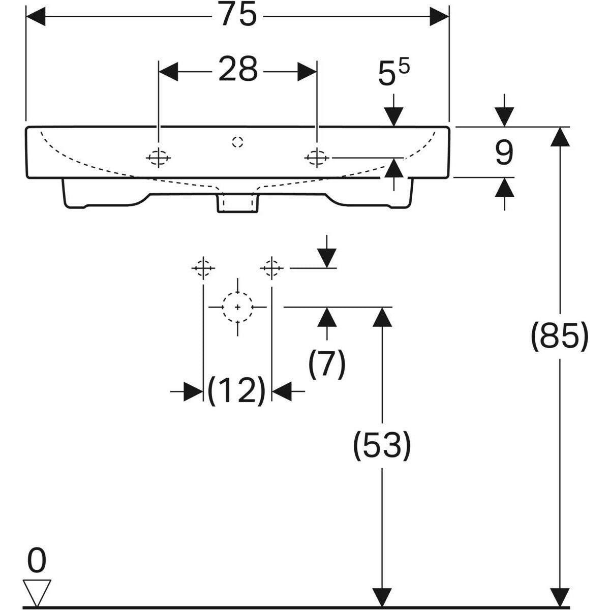 Geberit iCon mosdó, 75x15,5x48,5cm, csaplyuk közepén, túlfolyó látható-4