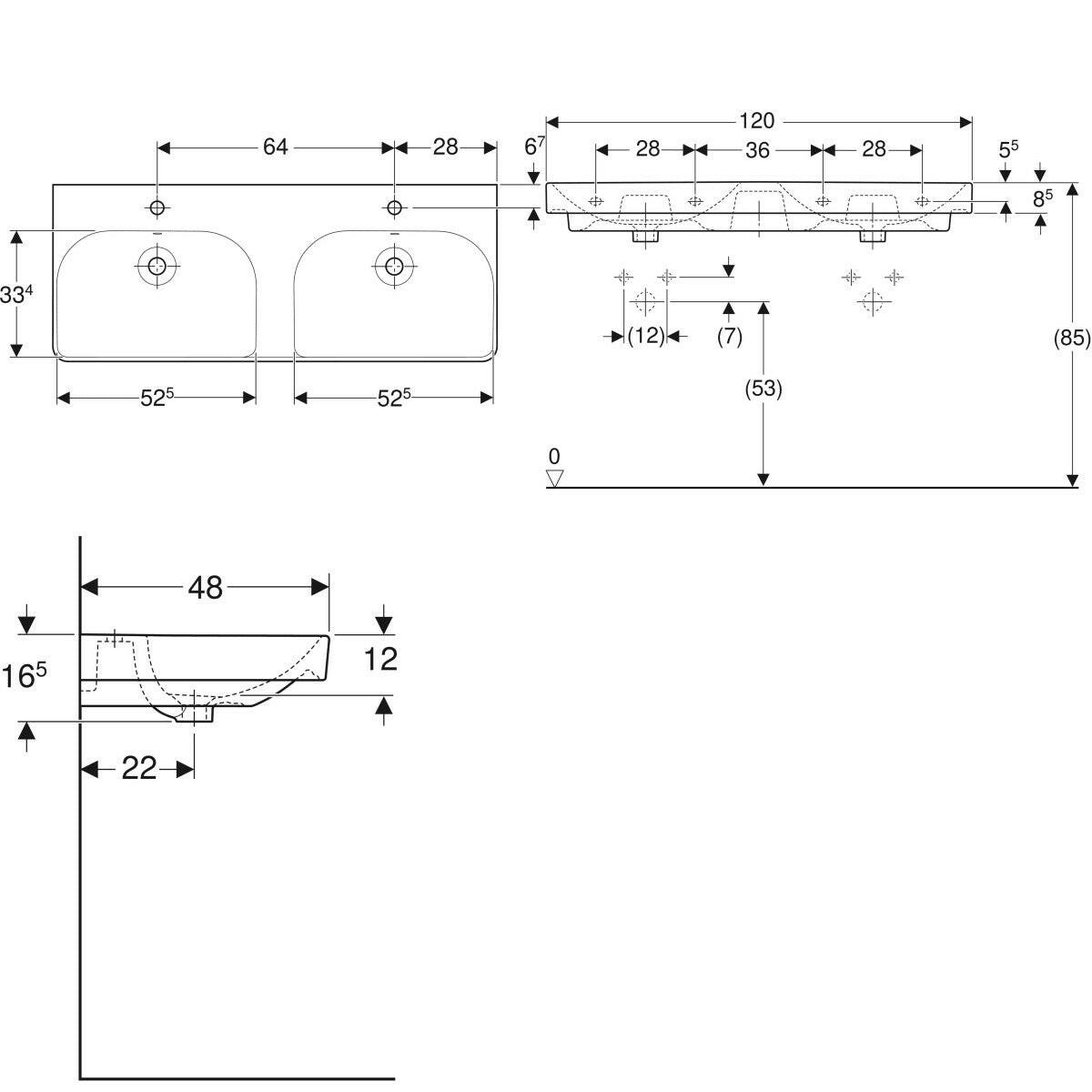 Geberit Smyle Square dupla mosdó, 120x16,5x48cm-3