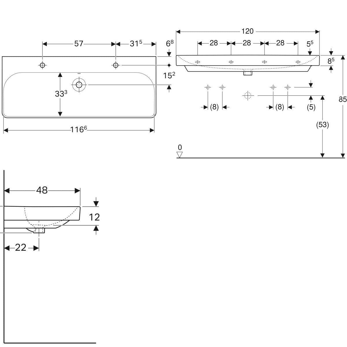 Geberit Smyle Square mosdó, 120x16,5x48cm, csaplyuk bal és jobb oldalon, túlfolyóval-2