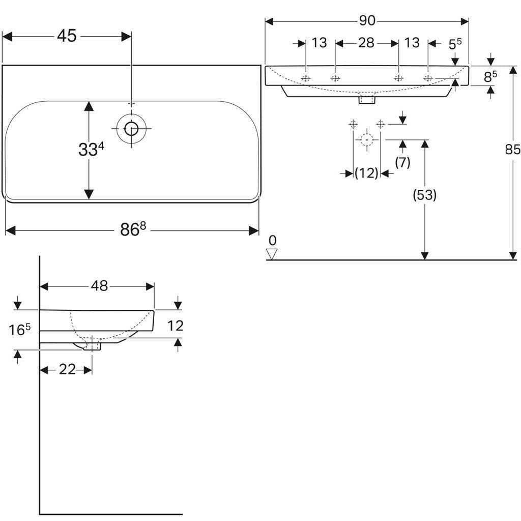 Geberit Smyle Square mosdó 90x16,5x48cm, csaplyuk nélkül, túlfolyóval-2
