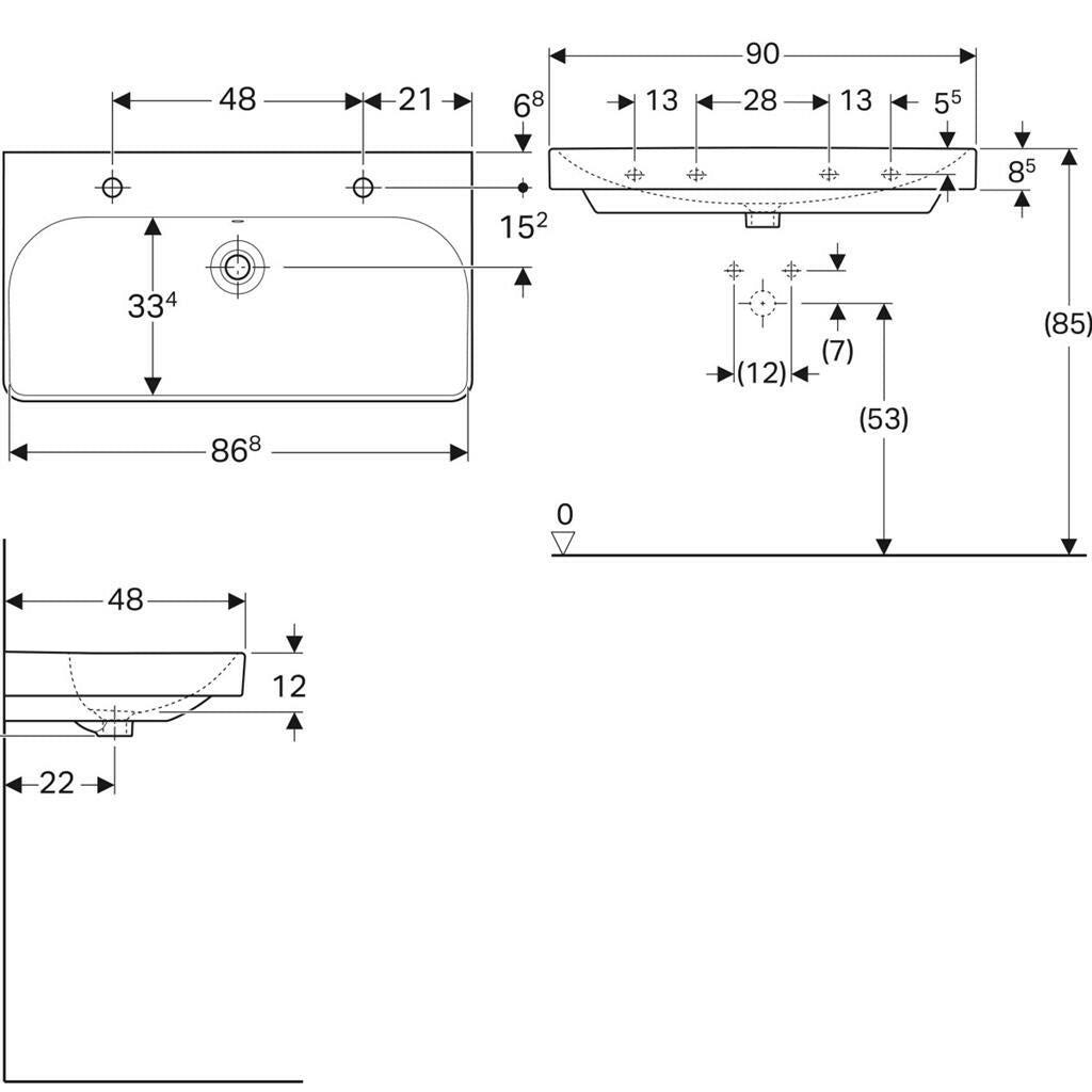 Geberit Smyle Square mosdó, 90x16.5x48cm, csaplyuk bal és jobb oldalt, túlfolyóval-2