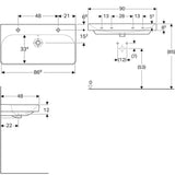Geberit Smyle Square mosdó, 90x16.5x48cm, csaplyuk bal és jobb oldalt, túlfolyóval-2