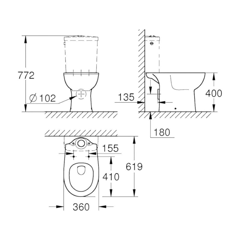 Grohe Bau Ceramic WC csésze, álló, monoblokkos, mély öblítéses, félig zárt perem, falhoz szerelhető (39428000)