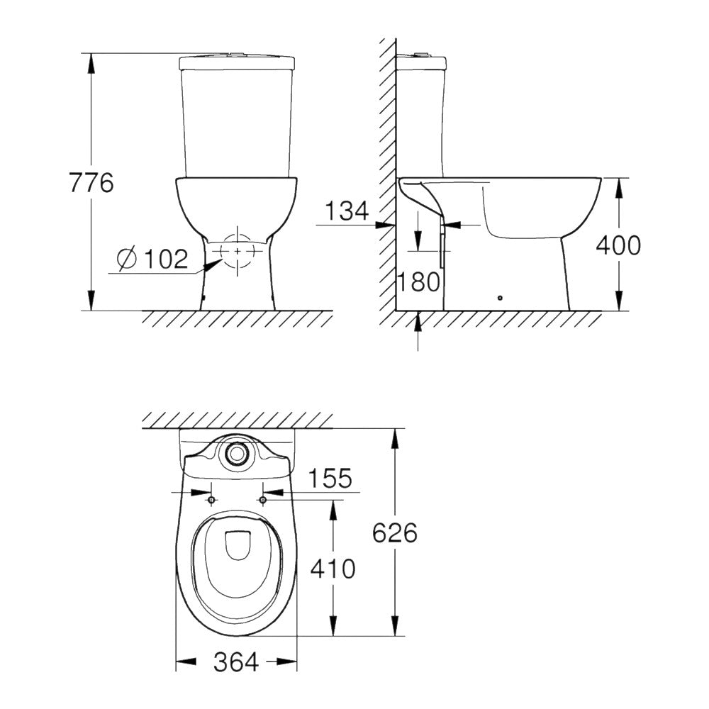 Grohe Bau Ceramic WC csésze, álló, monoblokkos, mély öblítéses, hátsós, perem nélküli, falhoz szer. (39349000)
