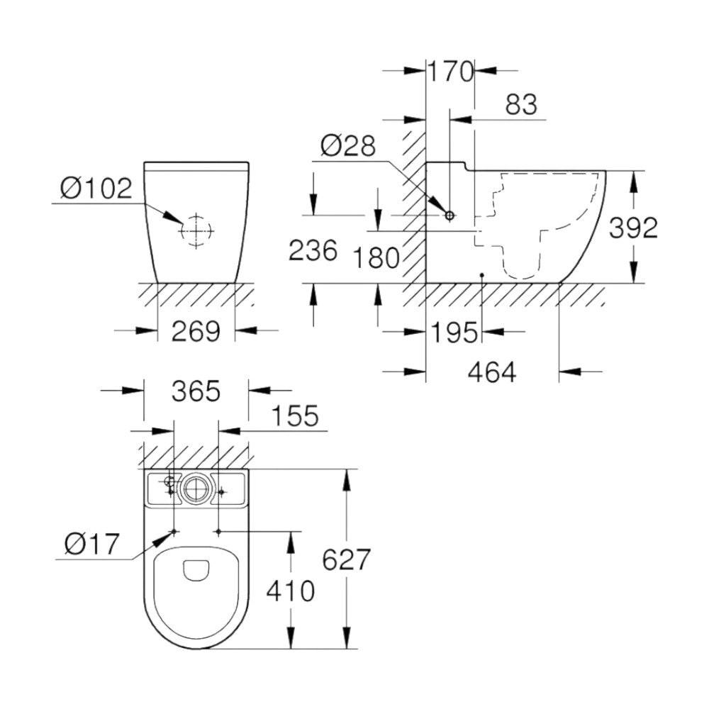 Grohe Bau Ceramic WC csésze, álló, monoblokkos, mély öblítéses, perem nélküli, falhoz szerelhető (39910000)