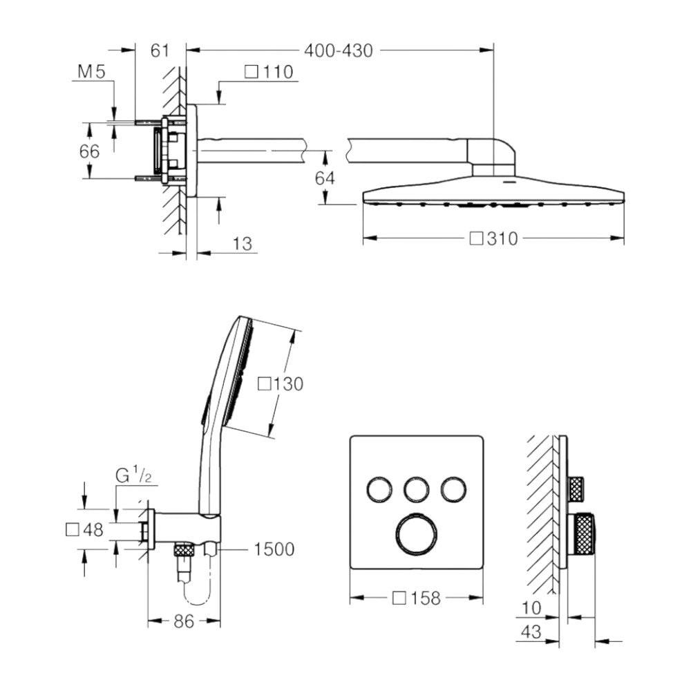 Grohe Grohtherm SmartControl zuhanyr. falsík mögötti, Rainshower SmartActive Cube kézi és fejzuhany (1039980000)