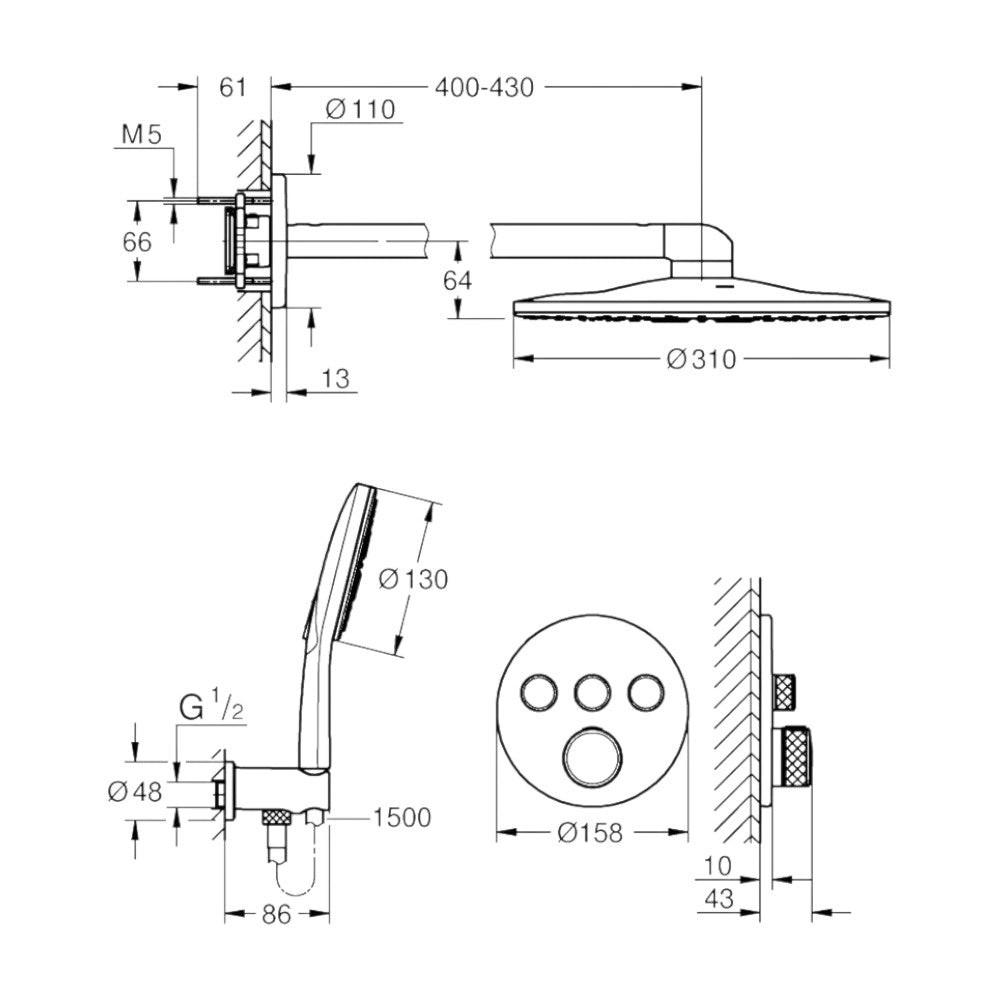 Grohe Grohtherm SmartControl zuhanyrendszer falsík mögötti, Rainshower SmartActive kézi és fejzuhany (1039970000)