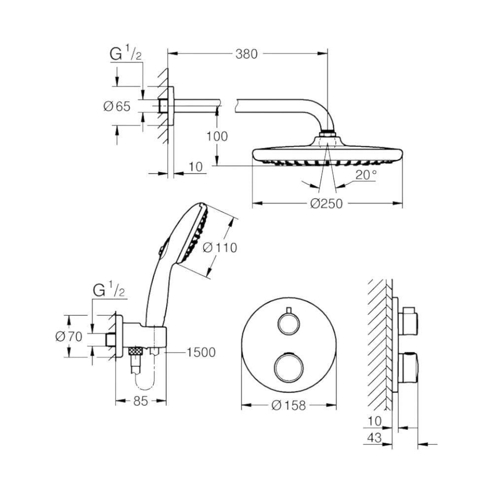 Grohe Grohtherm zuhanyrendszer falsík mögötti, Tempesta kézi és fejzuhannyal (1039960000)