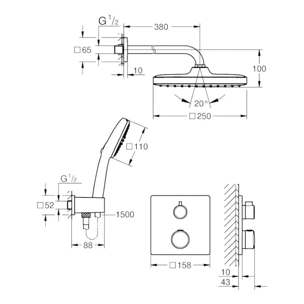 Grohe Grohtherm zuhanyrendszer falsík mögötti, Tempesta Cube kézi és fejzuhannyal (1039950000)