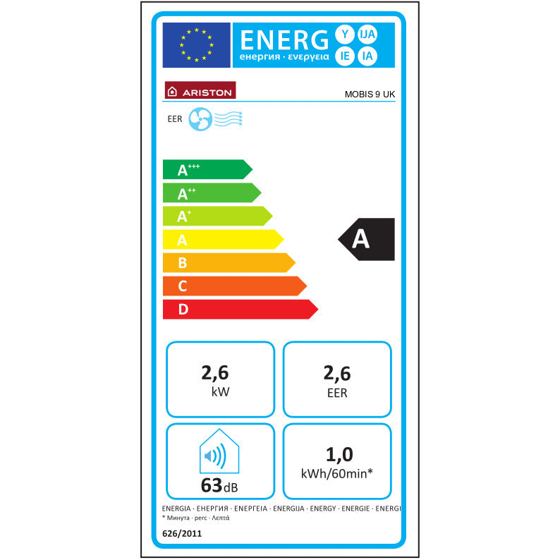 Ariston Mobis 9 mobil klímaberendezés, R290 hűtőközeggel, 2.6 kW (3381429) - Energiacímke