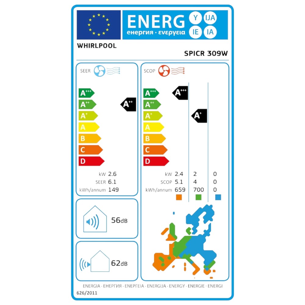 Whirlpool SPICR 309W mono split klíma szett 2.6 kW (A++) (SPICR309W) - Energiacímke.