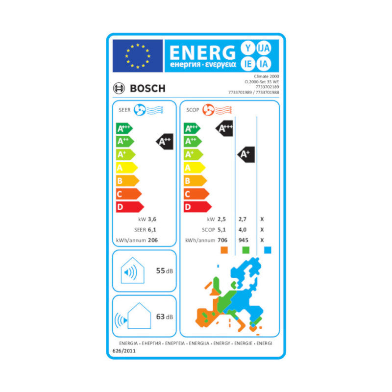 Bosch Climate 2000 mono split klíma szett, 3,5kw (7733702189) - Energiacímke