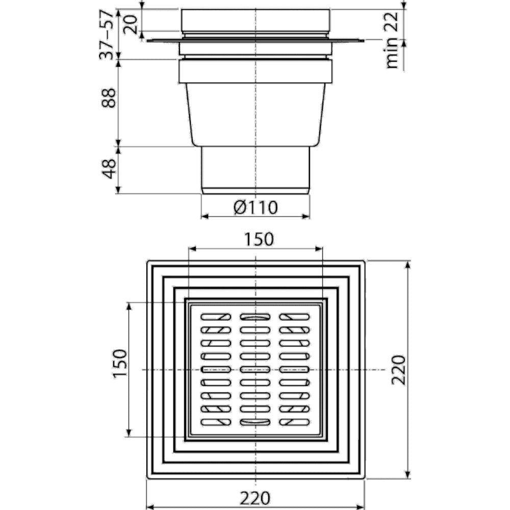 Alca padlószifon 150×150/110 mm vizes bűzzár APV13