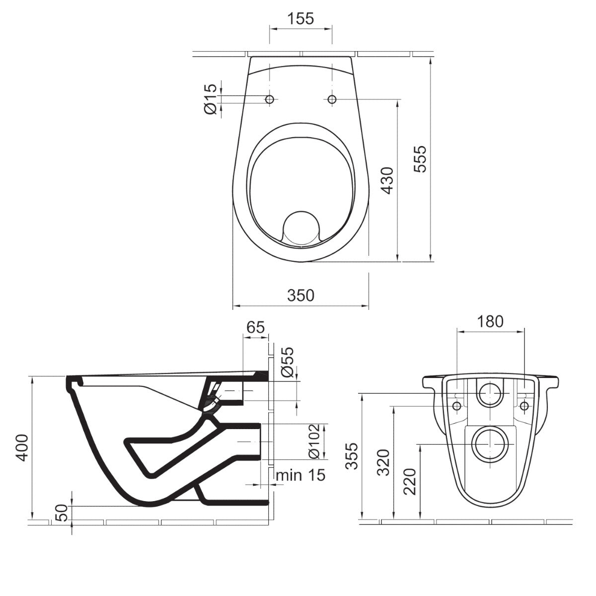 Alföldi Saval 2.0 WC csésze fali laposöblítésű, CleanFlush (7068-R001) - méretrajz