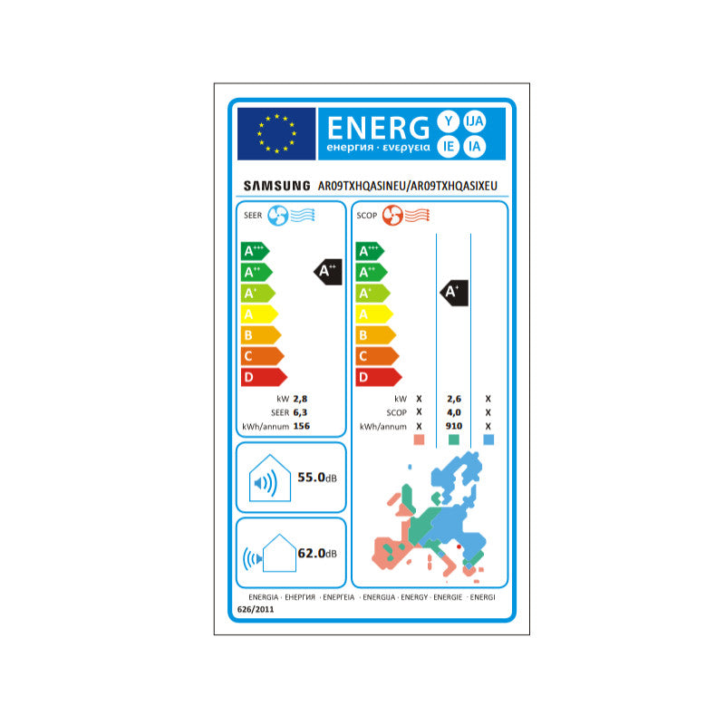 Samsung AR35 mono split klíma szett 2.6 kW (AR09TXHQASINEU+AR09TXHQASIXEU) - Energiacímke