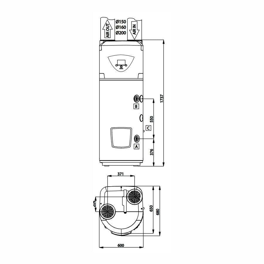 Ariston Nuos Plus Wifi 200 álló monoblokkos használati melegvíz hőszivattyú, 200 literes (3069775) - méretrajz