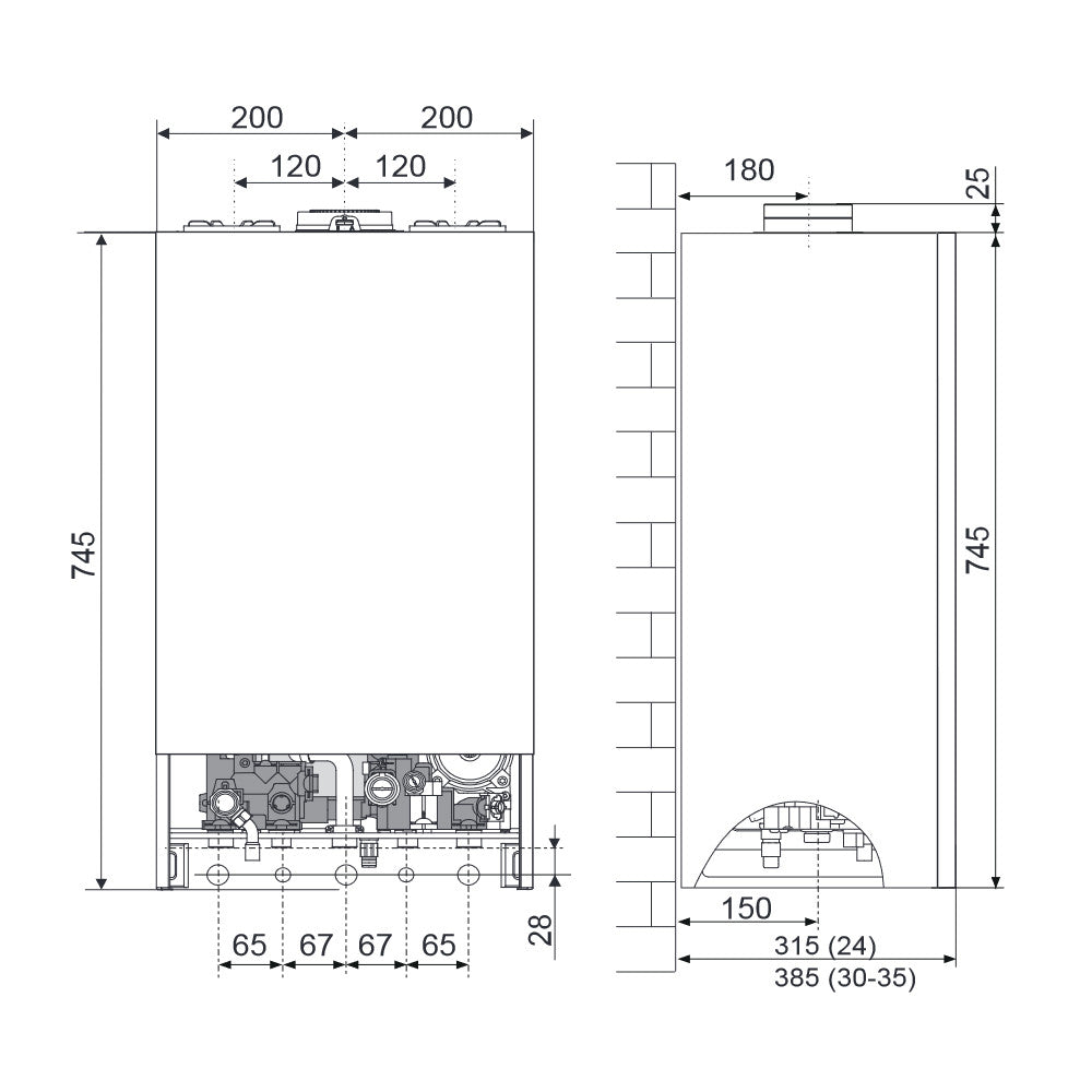 Ariston Genus One+ Hybrid Plus 24/35 Net R32 kondenzációs kazán, fűtő 24kW + 3,5kW hőszivattyú (3302586) - méretrajz