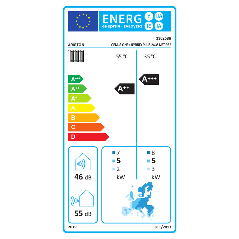 Ariston Genus One+ Hybrid Plus 24/35 Net R32 kondenzációs kazán, fűtő 24kW + 3,5kW hőszivattyú (3302586) - energiacímke