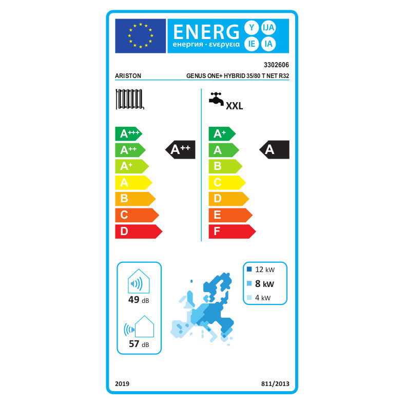 Ariston Genus One+ Hybrid 35/80 T Net R32 kondenzációs kazán, kombi 35kW + 8kW hőszivattyú, 3 fázis (3302606) - energiacímke