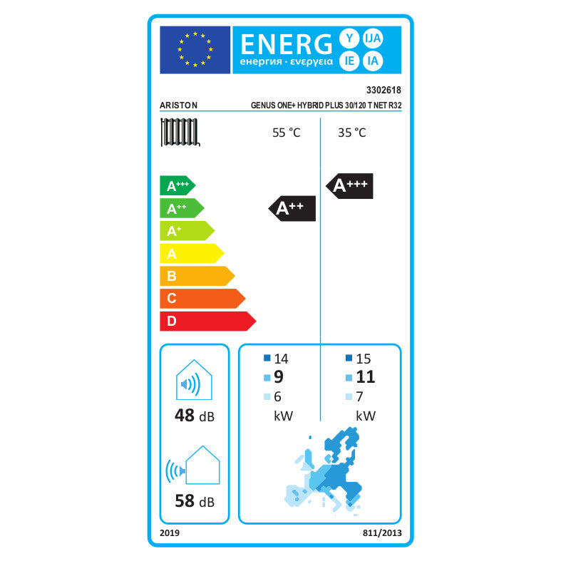 Ariston Genus One+ Hybrid Plus 30/120 T Net R32 kondenzációs kazán, fűtő 30kW + 12kW hőszivattyú, 3fázis (3302618) - energiacímke