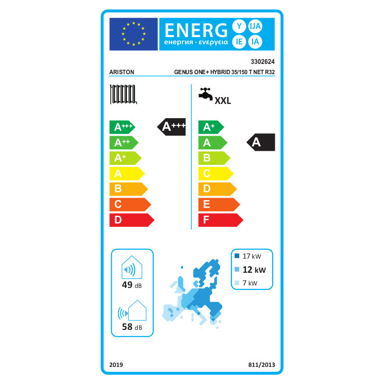 Ariston Genus One+ Hybrid 35/150 T Net R32 kondenzációs kazán, kombi 35kW + 15kW hőszivattyú, 3 fázis (3302624) - energiacímke