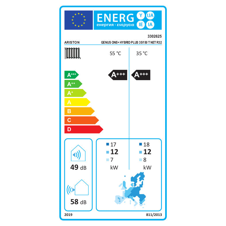 Ariston Genus One+ Hybrid Plus 35/150 T Net R32 kondenzációs kazán, fűtő 35kW + 15kW hőszivattyú, 3fázis (3302625) - energiacímke