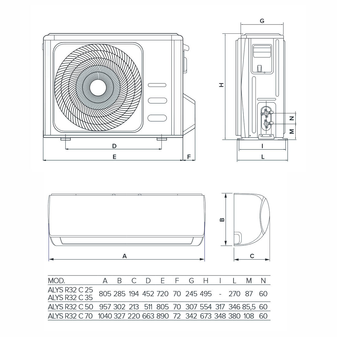 Ariston Alys 35 R32 mono split klíma szett 3.5 kW (3381412) - méretrajz