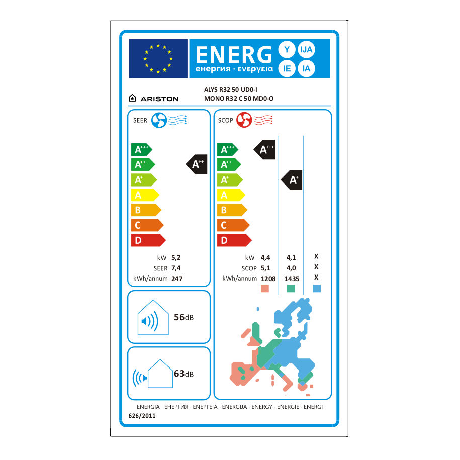 Ariston Alys 50 R32 mono split klíma szett 5.3 kW (3381517) - energiacímke