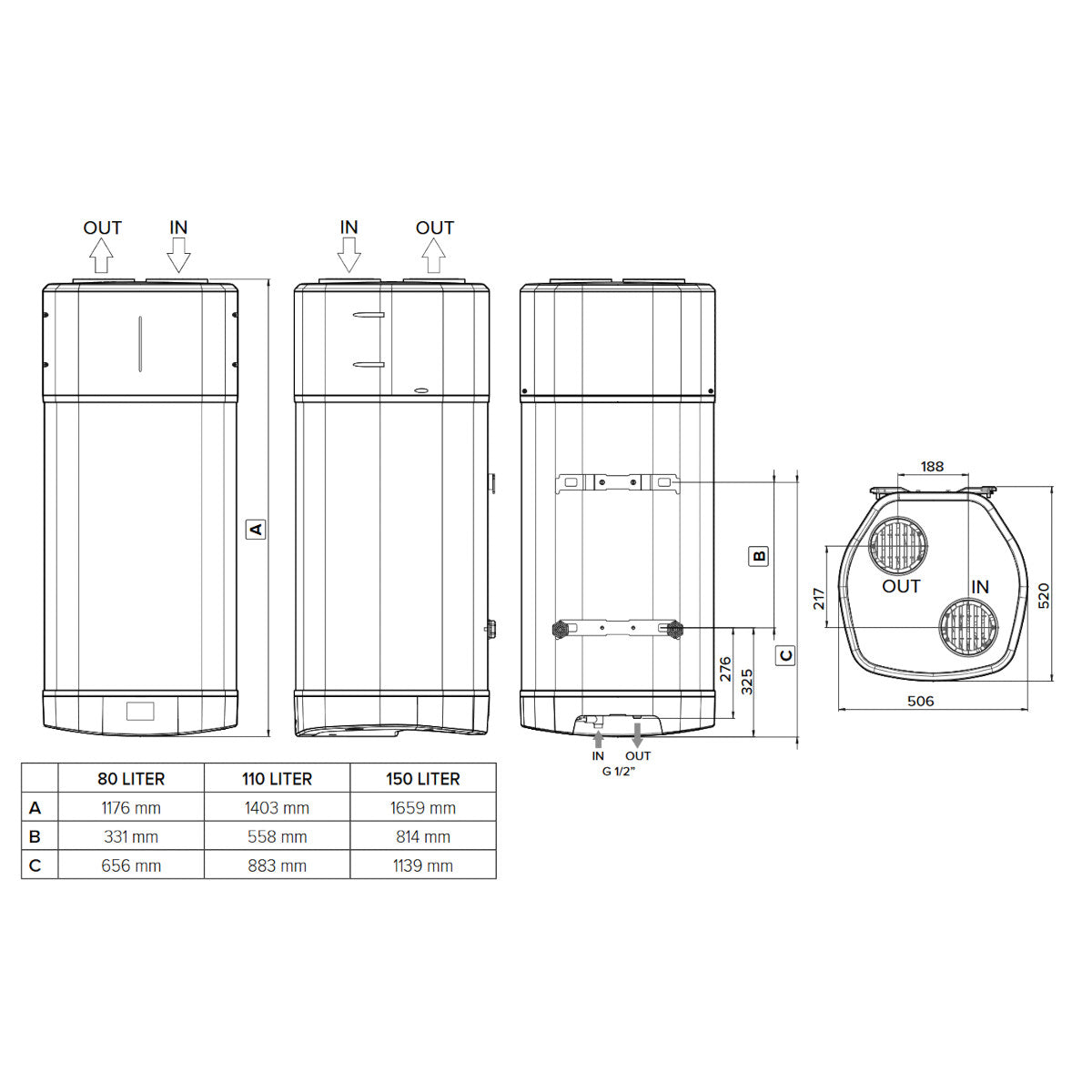 Ariston Nuos Plus S2 Wifi 150 WH fali monoblokkos használati melegvíz hőszivattyú, 150 literes (3629147) - méretrajz