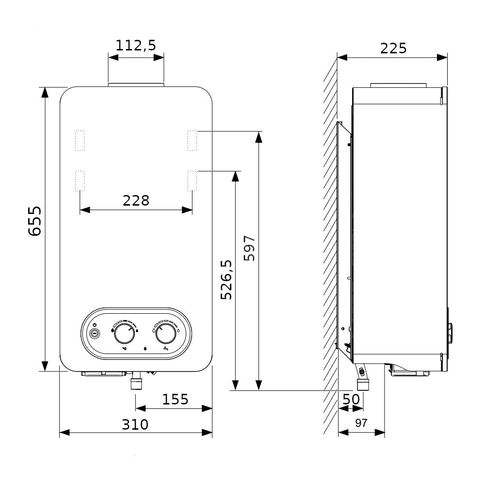 Bosch Therm 4200 WR11-C4, elemes gyújtású fali kéményes vízmelegítő, 11 l/perc (7736506815) - méretrajz