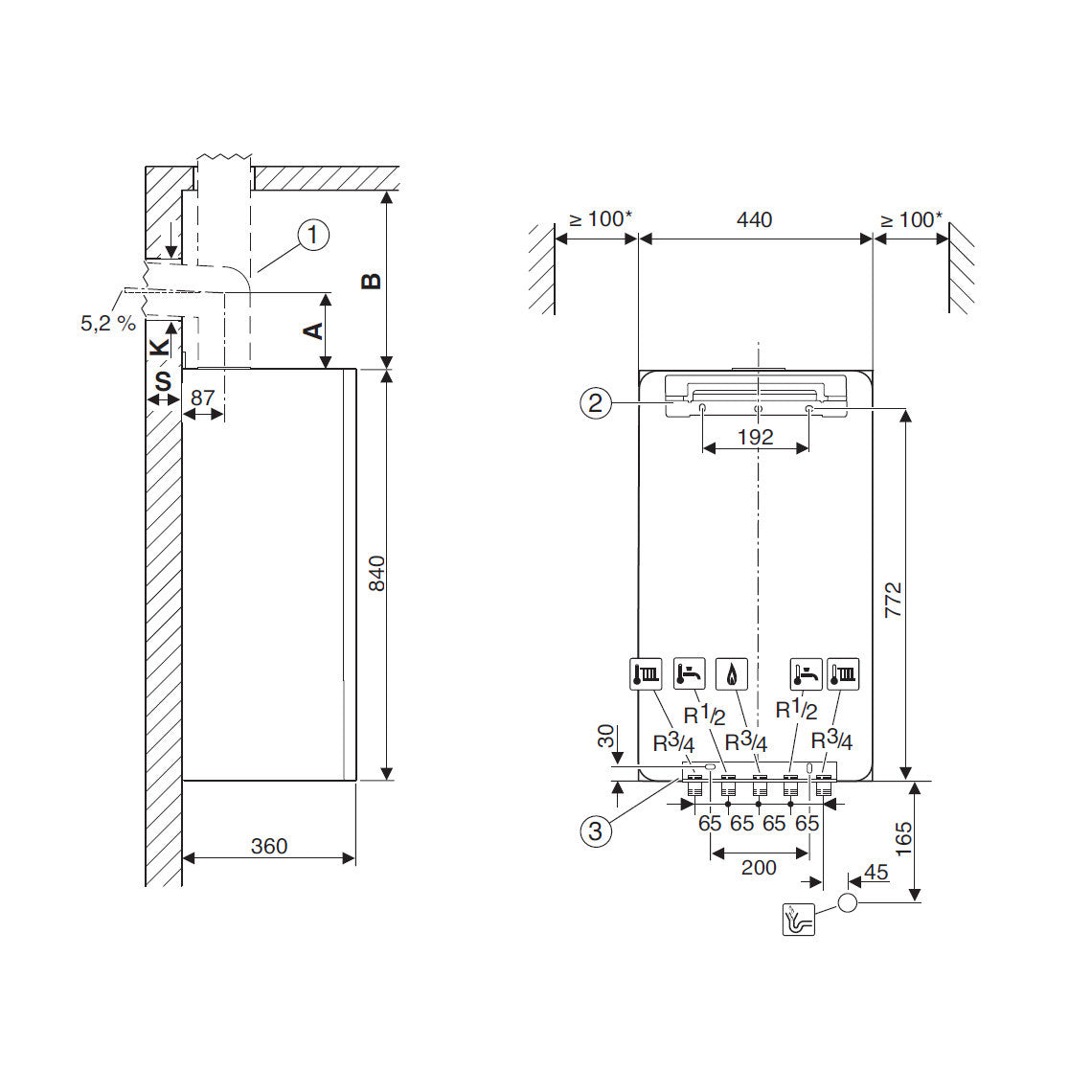 Bosch Condens 7000i W GC7000iW 30/35 C 23 kondenzációs gázkazán, kombi, fehér üvegburkolat 30,3 kW kifutó (7736901352) - méretrajz