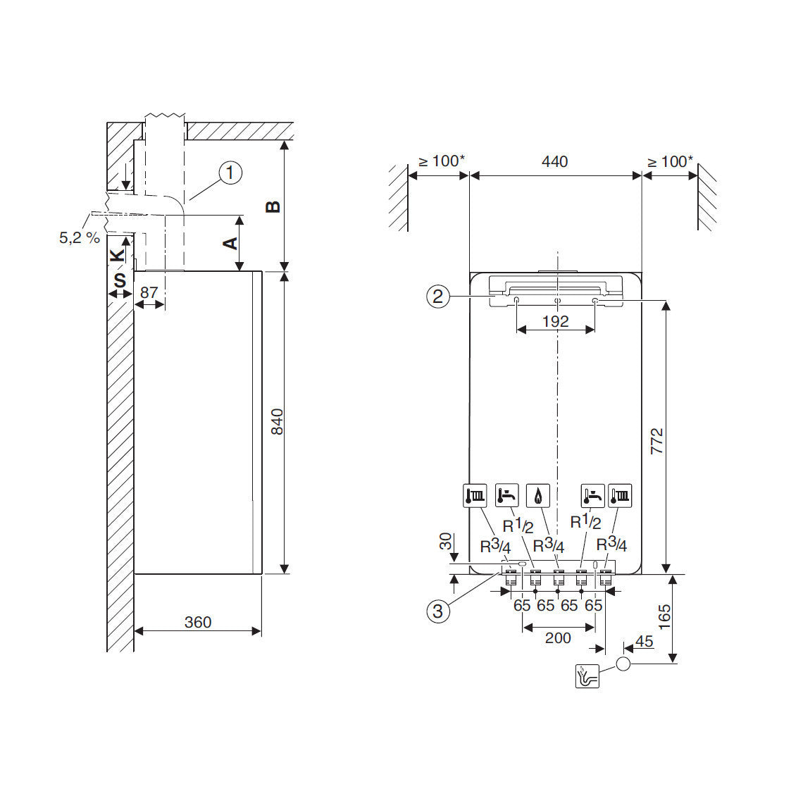 Bosch Condens 7000i W GC7000iW 42 P 23 kondenzációs gázkazán, fűtő, fehér üvegburkolat 41,9 kW kifutó! (7736901356) - méretrajz