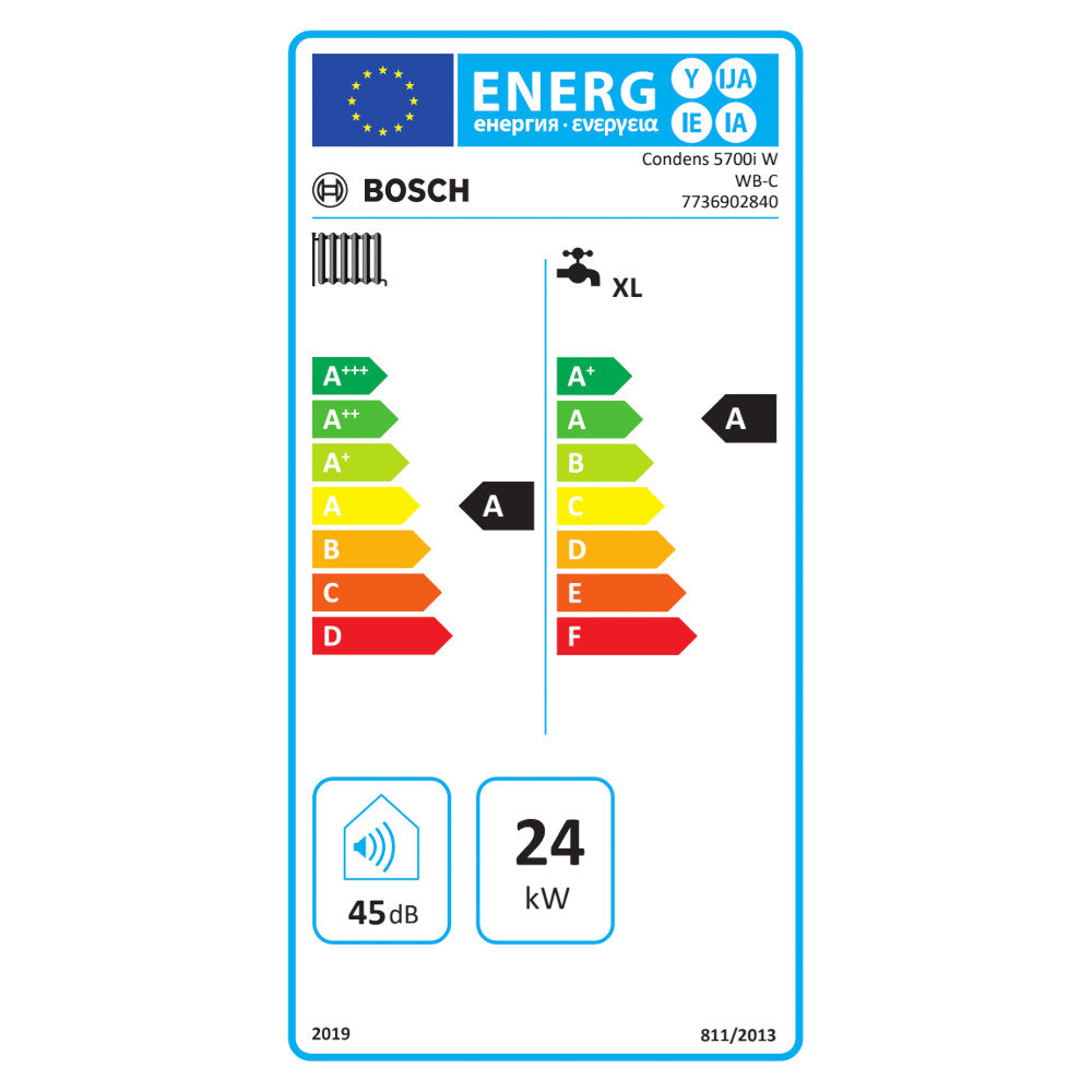 Bosch Condens 5700i W C24/30 fali kondenzációs gázkazán, kombi, 24kw, fehér, HMI 700 szabályozóval (7736902840) - energiacímke