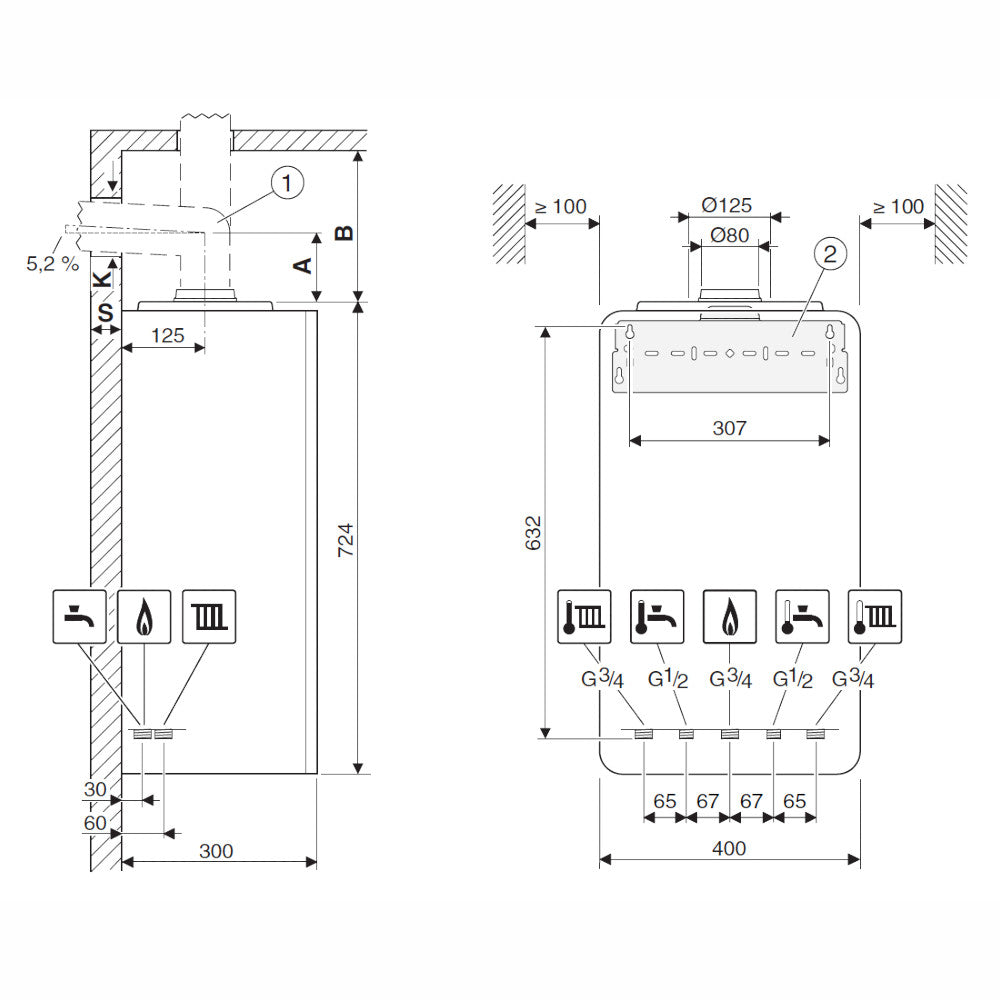 Bosch Condens 2300iW 24/30 C 23 kondenzációs gázkazán, kombi 25,2 kW (7736902968) - méretrajz