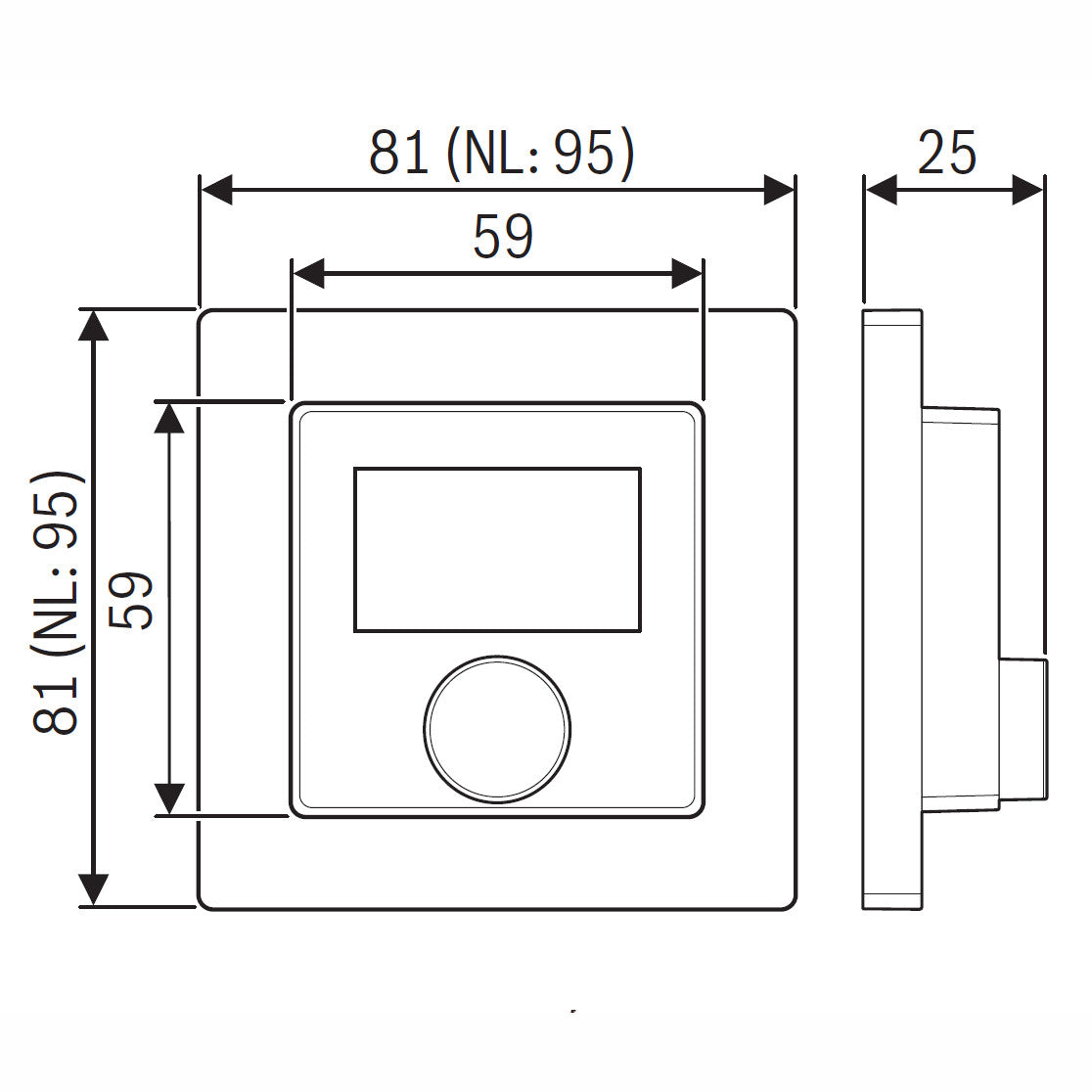 Bosch CR11 szobatermosztát, vezetékes,  mechanikus,  LCD kijelzővel, beépített páratartalom érzékelő (7738112963) - méretrajz