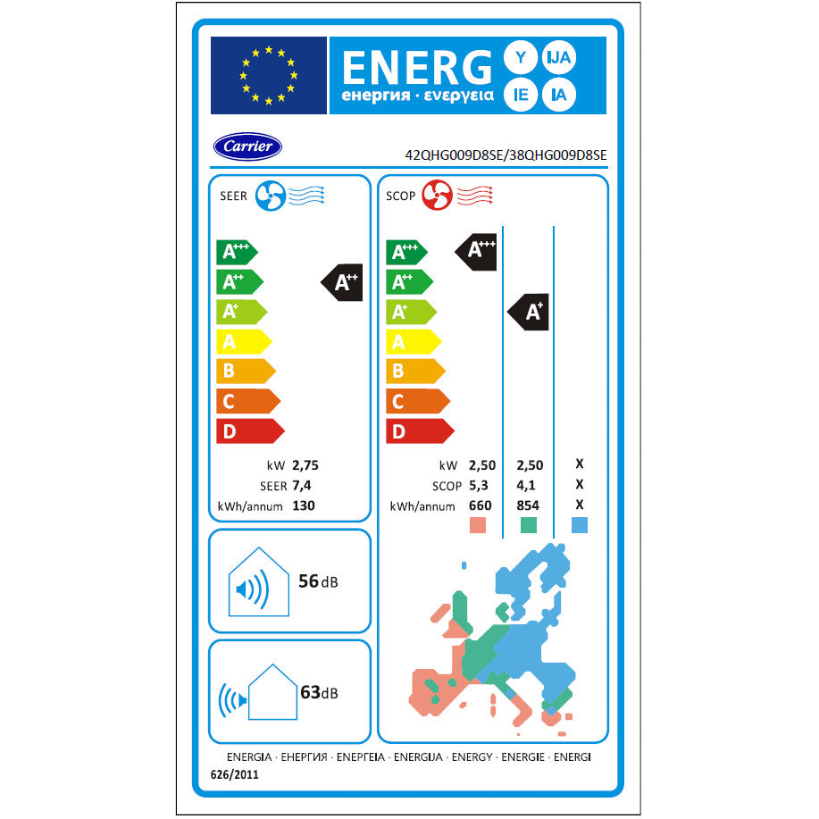 Carrier Extreme2 mono split klíma szett 2.7 kW (42QHG009D8SE/38QHG009D8SE) - energiacímke