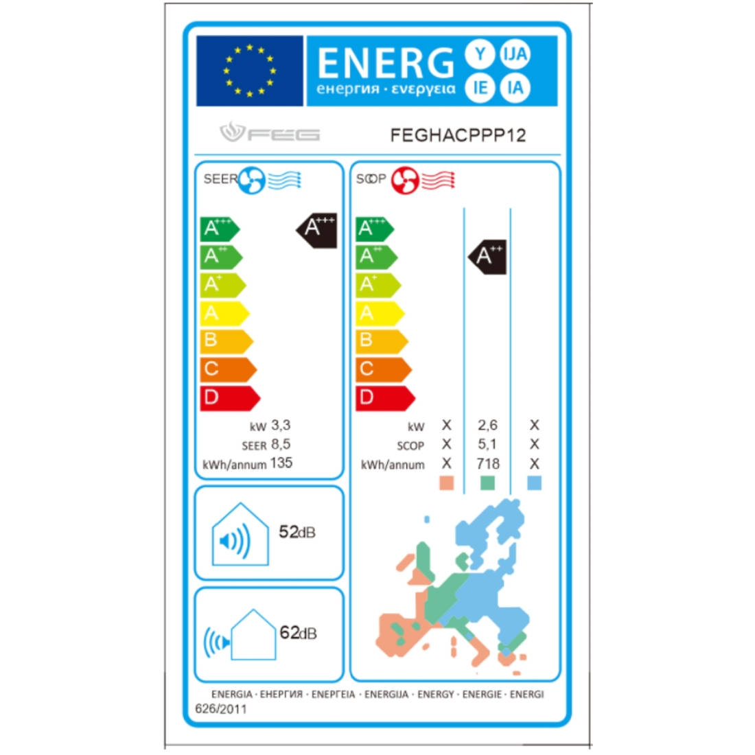 FÉG mono split klíma szett 3.5 kW, A+++; WIFI vezérlés, csepptálcafűtés (FEGACPPP12) - energiacímke