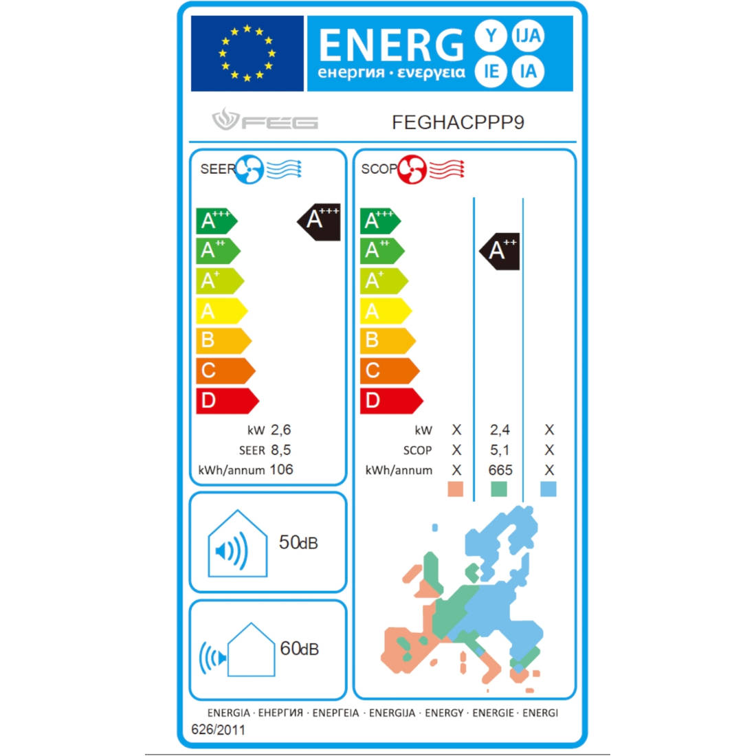 FÉG mono split klíma szett 2.5 kW, A+++; WIFI vezérlés, csepptálcafűtés (FEGACPPP9) - energiacímke