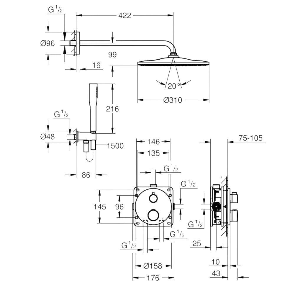 Grohe Grohtherm rejtett zuhanyrendszer, Rainshower Mono 310 fejzuhany készlet (34869000)