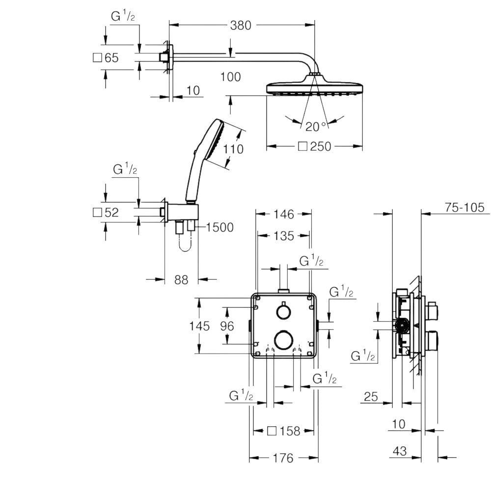Grohe Grohtherm rejtett zuhanyrendszer, Tempesta 250 Cube fejzuhany (34871000)