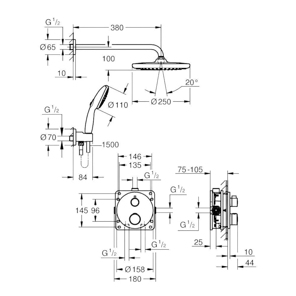 Grohe Grohtherm rejtett zuhanyrendszer, Tempesta 250 fejzuhany (34872000)