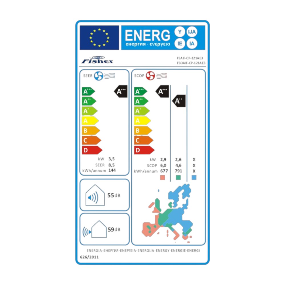 Fisher Comfort Plus 3,5kW inverteres split klíma (FSAIF-CP-121AE3/FSOAIF-CP-121AE3) - Energiacímke.