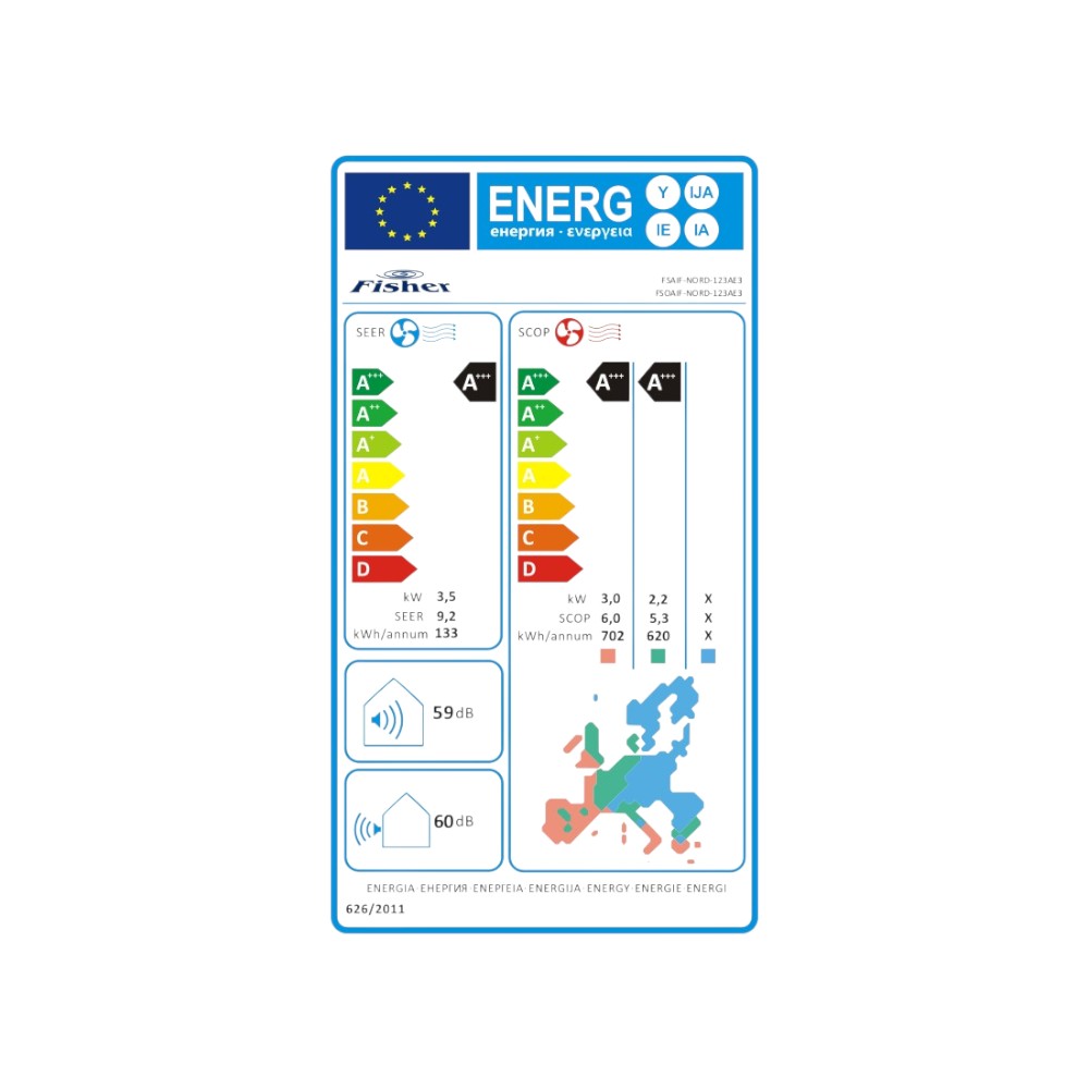 Fisher Nordic 3,5 kW inverteres split klíma (FSAIF-Nord-123AE3) - Energiacímke.