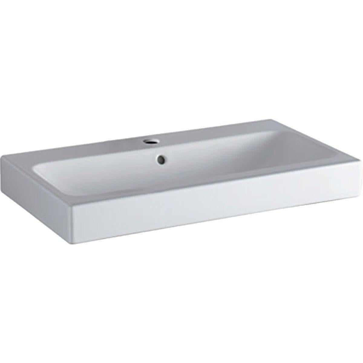 Geberit iCon mosdó, 75x15,5x48,5cm, csaplyuk közepén, túlfolyó látható