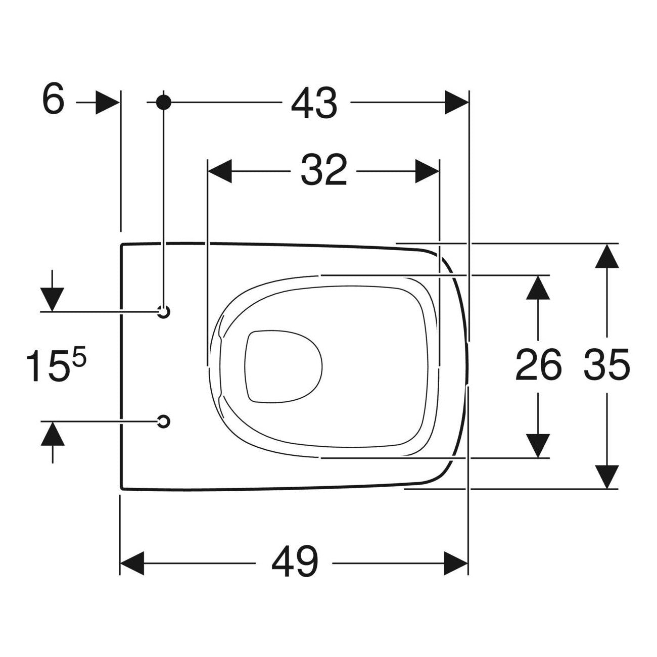 Geberit Selnova Compact fali WC, mélyöblítésű, rövidített kivitel, RimFree, 49cm (500.280.01.7) - méretrajz