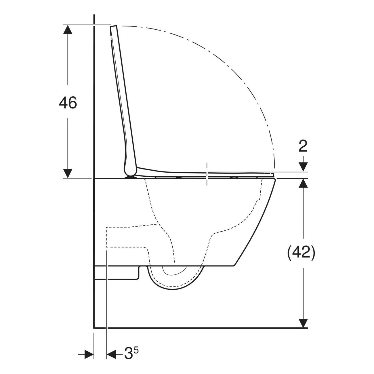 Geberit Smyle Square fali WC készlet, mélyöblítésű, zárt forma, Rimfree, 54cm, WC-tetővel, keskeny (500.683.00.2) - méretrajz