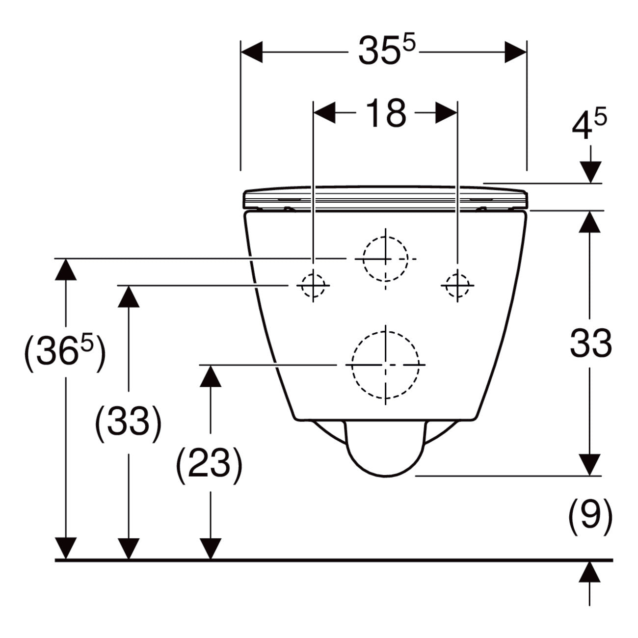 Geberit Smyle Square fali WC készlet, mélyöblítésű, zárt forma, Rimfree, 54cm, WC-tetővel, sandwich (500.685.01.1) - méretrajz