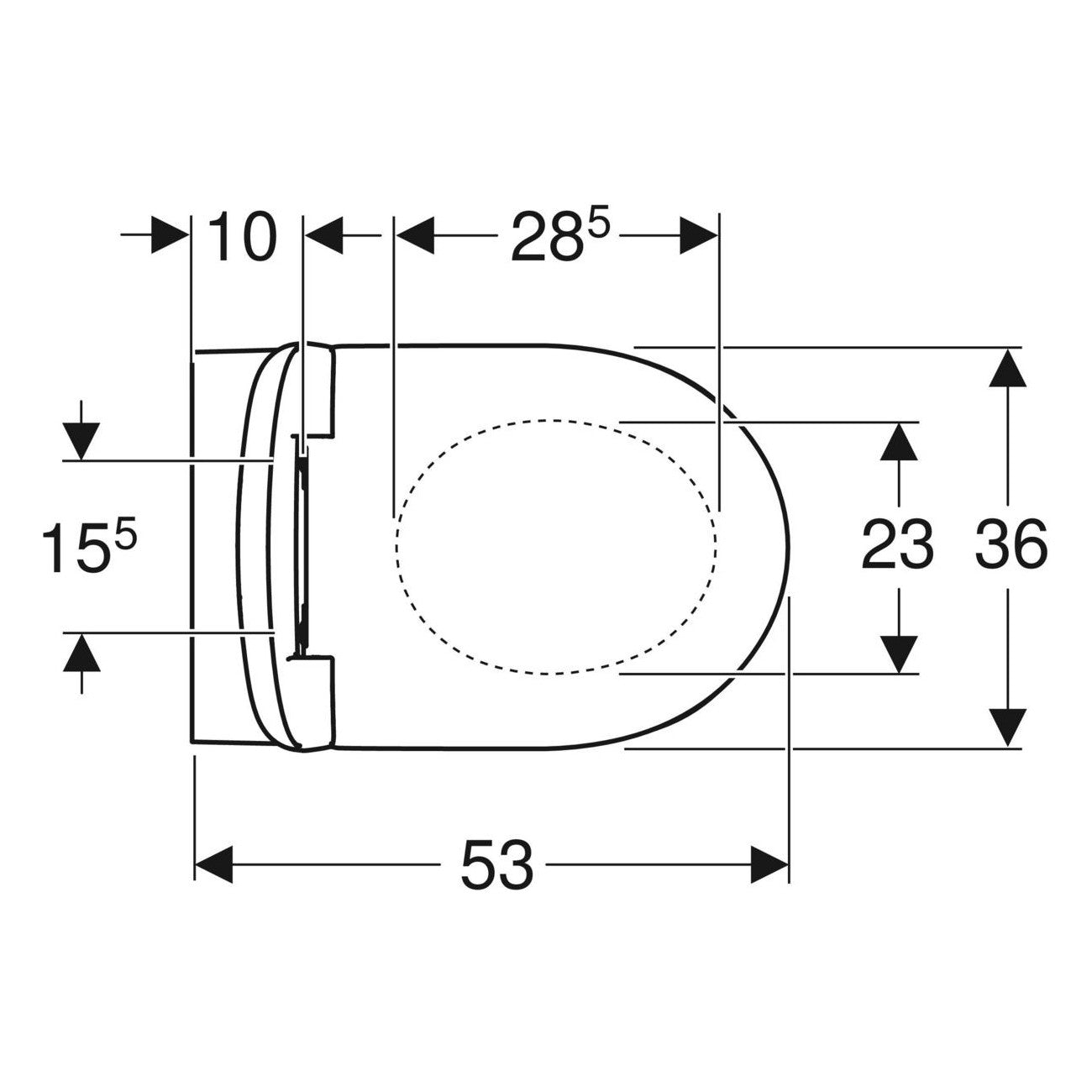 Geberit Selnova fali WC készlet, mélyöblítésű, zárt forma, Rimfree, WC-ülőkével (501.750.00.1) - méretrajz